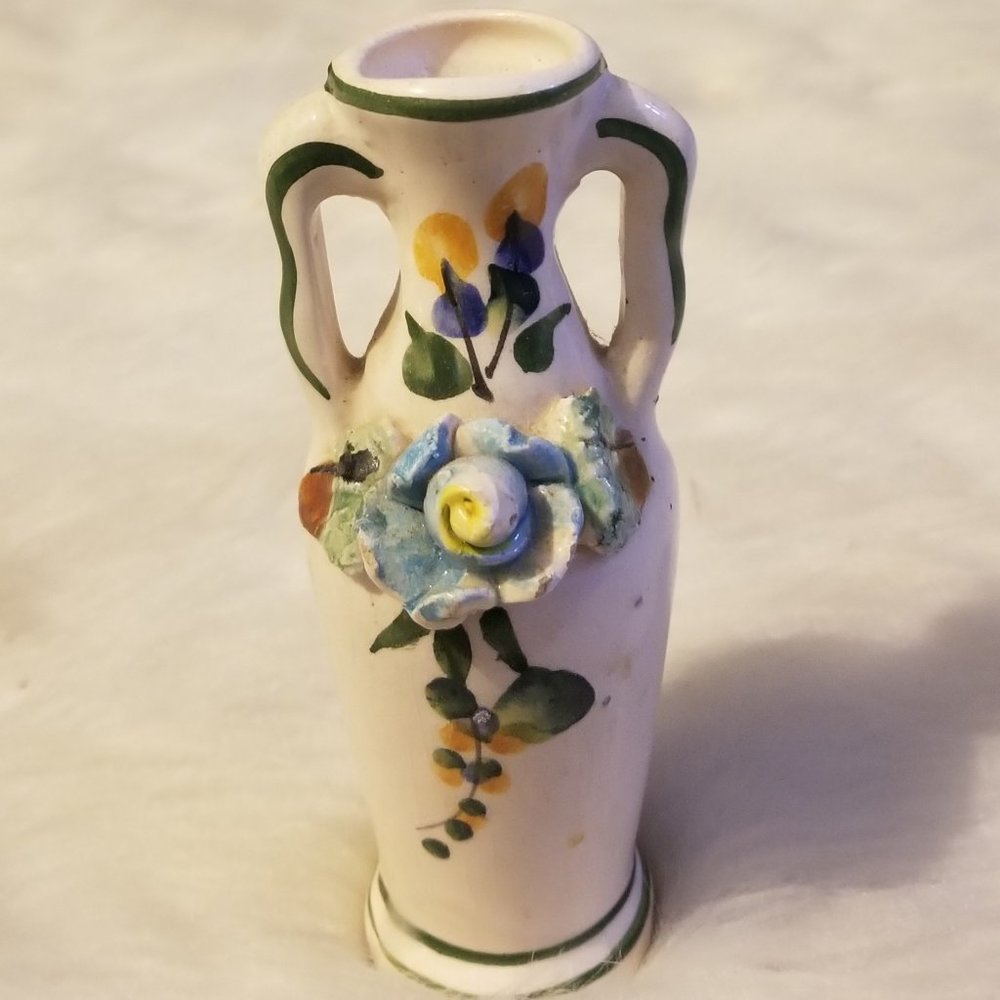 Vintage Pottery Small Bud Vase Raised Blue Rose